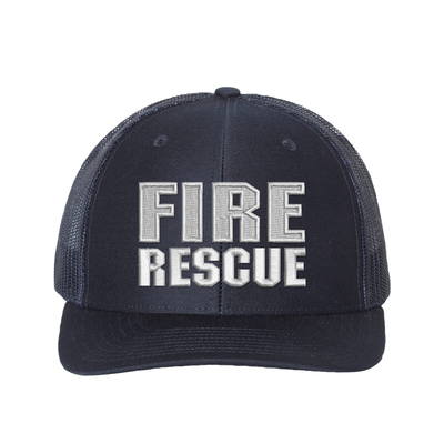 Fire Rescue Richardson Trucker hat.  Embroidered text is white. Hat color navy.