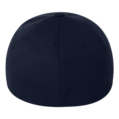 Flexfit hat, back view, has no logo and is solid navy in color with sewn eyelets around the 6 panel hat.