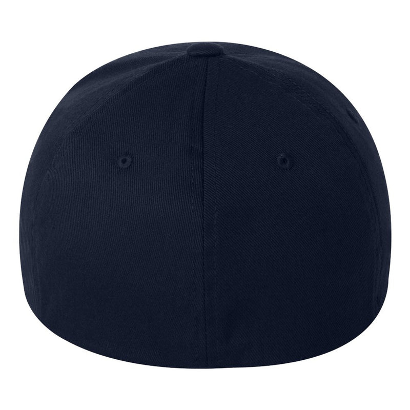 Flexfit hat, back view, has no logo and is solid navy in color with sewn eyelets around the 6 panel hat.