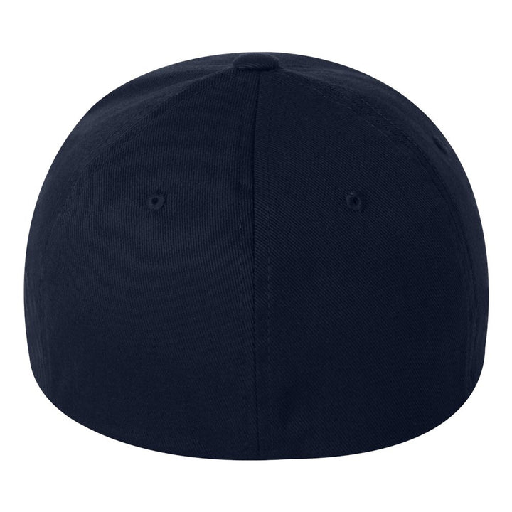 Personalized Hazmat Flexfit hat, back view, has no logo and is solid navy in color with sewn eyelets around the 6 panel hat.