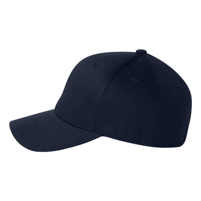 Flexfit hat, side view, has no logo and is solid navy in color with sewn eyelets around the 6 panel hat.