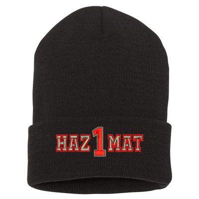 Custom embroidered cuffed Beanie.  The word HAZ MAT is embroidered in silver thread with a red outline and your custom number/text up to 3 characters embroidered in red with silver outline. Color black.