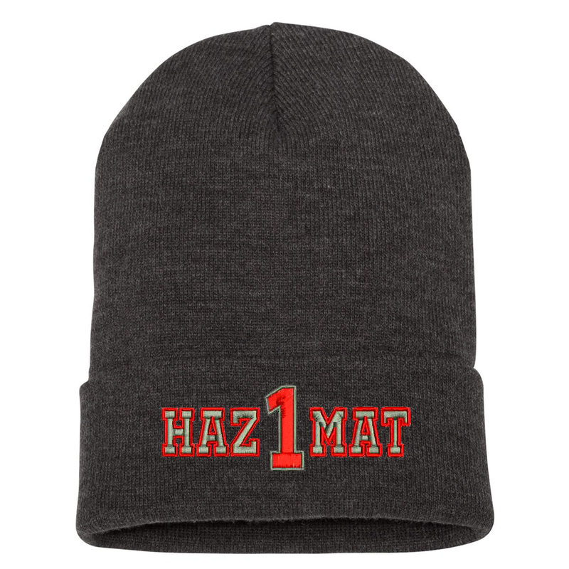 Custom embroidered cuffed Beanie.  The word HAZ MAT is embroidered in silver thread with a red outline and your custom number/text up to 3 characters embroidered in red with silver outline. Color dark grey.
