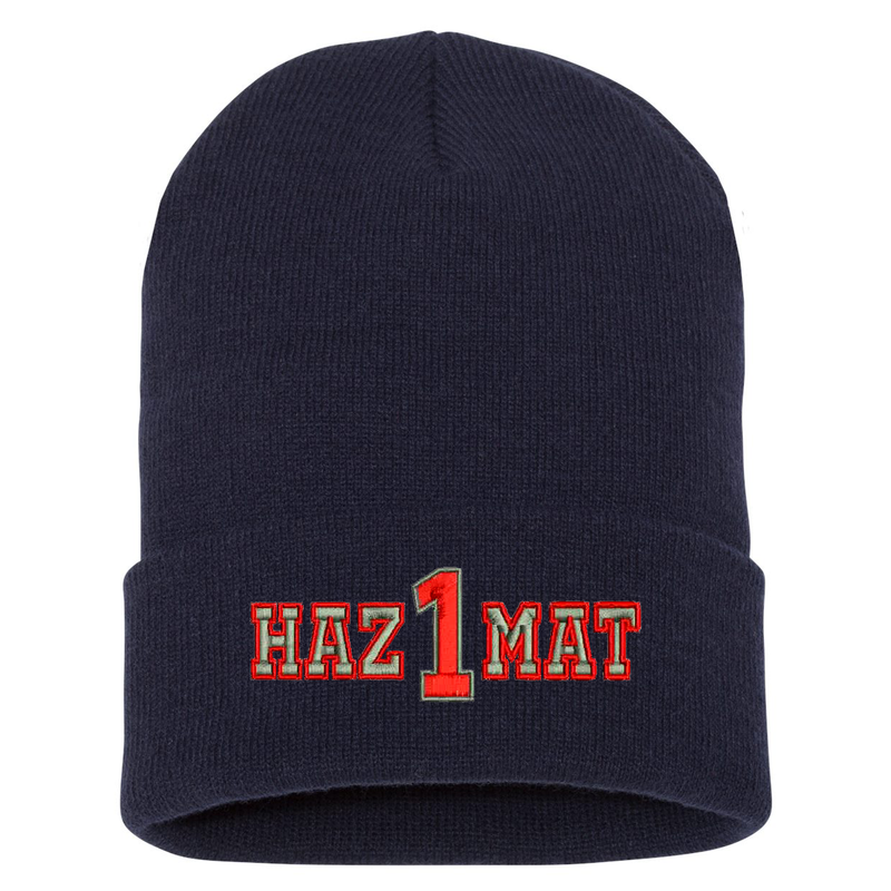 Custom embroidered cuffed Beanie.  The word HAZ MAT is embroidered in silver thread with a red outline and your custom number/text up to 3 characters embroidered in red with silver outline. Color navy.