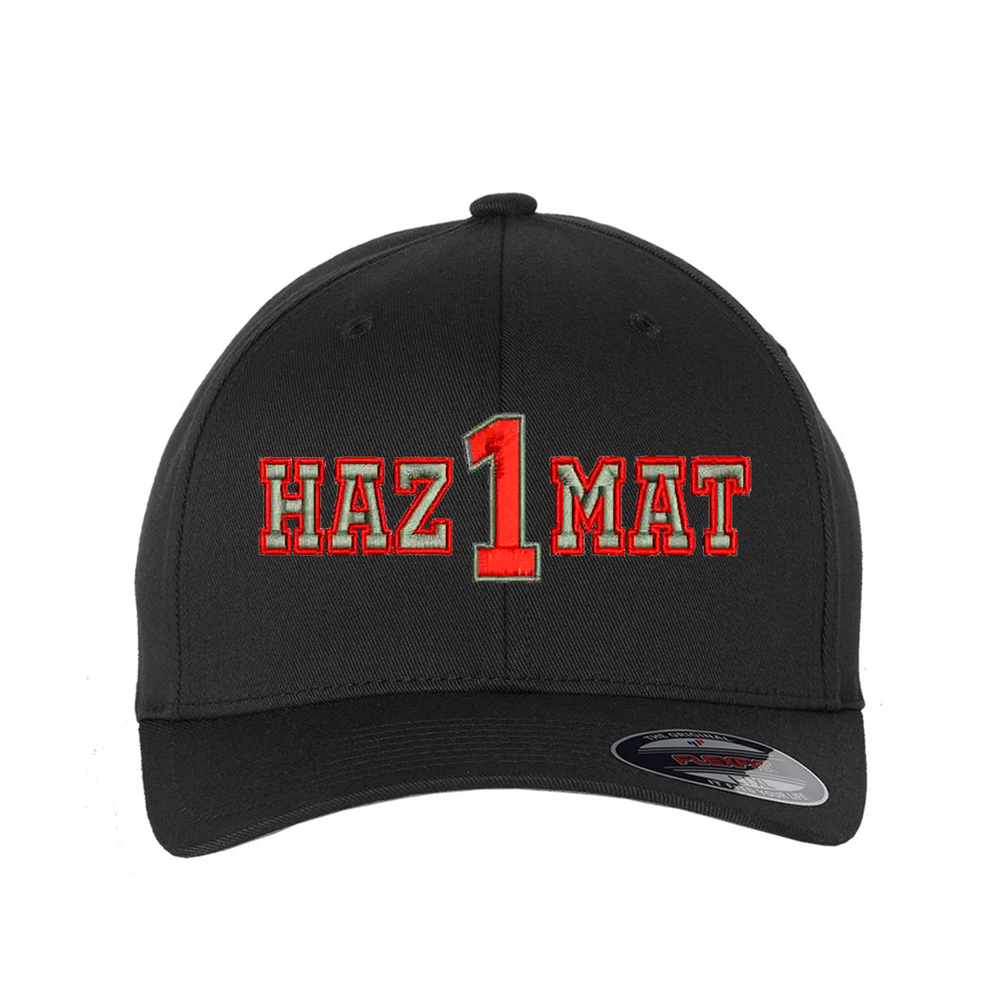 Personalized Flexfit, black ball cap with the word Hazmat embroidered in the center. Customize with your truck number.  Cap text is silver with a red outline.