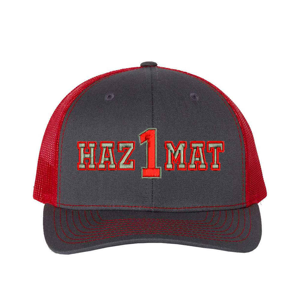 Richardson Structured six panel Trucker Cap customized with your truck number and the word Hazmat. Hat color charcoal/red.