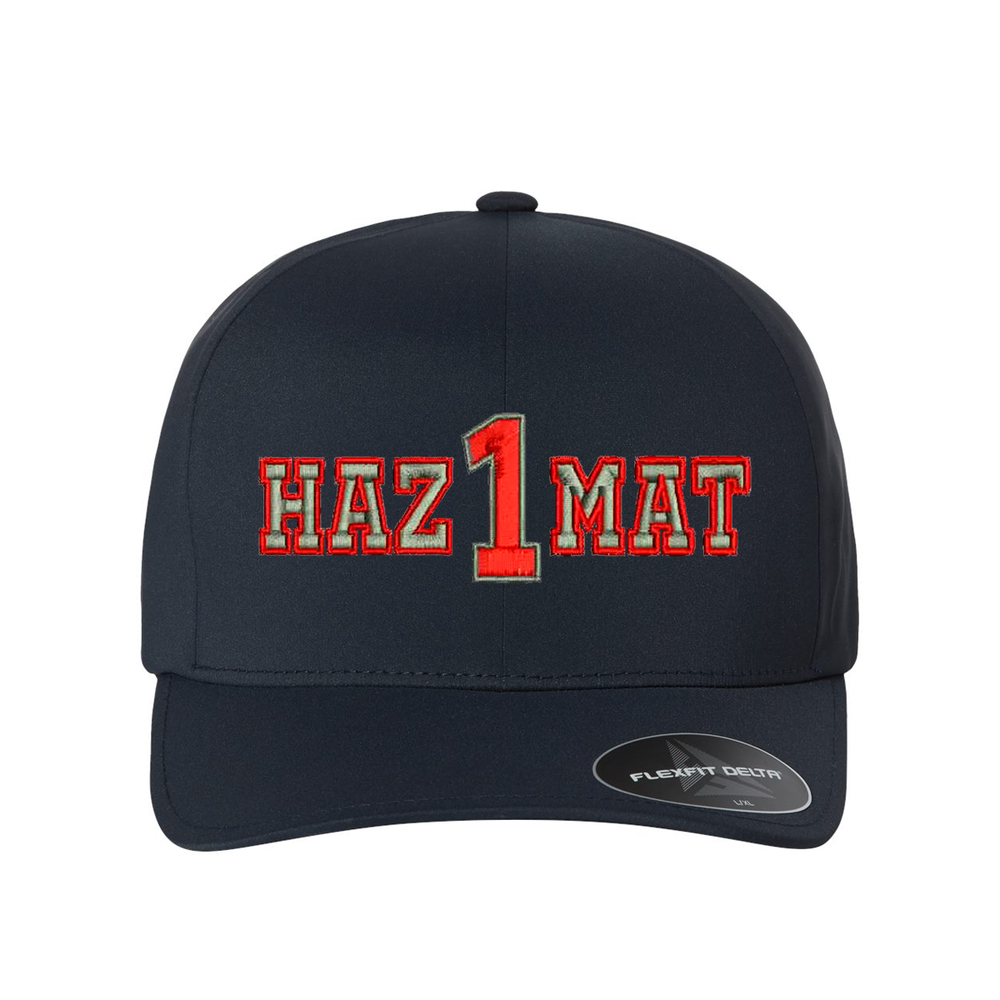 Personalized Delta Flexfit navy ball cap with the word Hazmat embroidered in the center. Customize with your truck number. Cap text is silver with a red outline