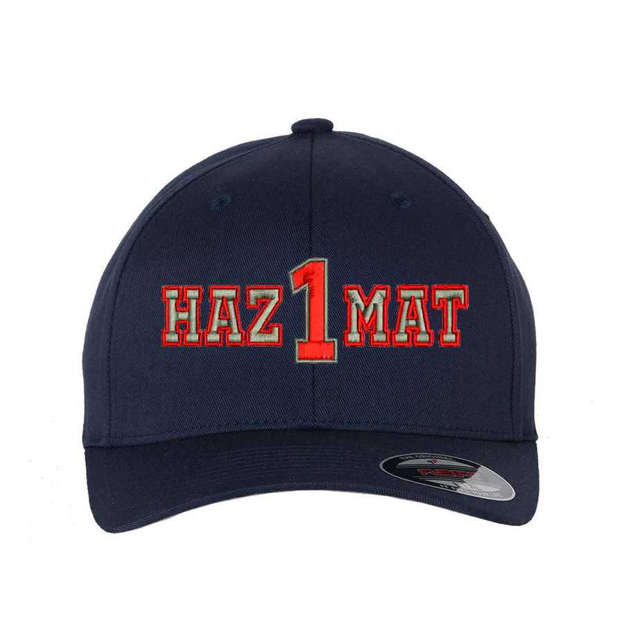 Personalized Flexfit, navy ball cap with the word Hazmat embroidered in the center. Customize with your truck number.  Cap text is silver with a red outline.
