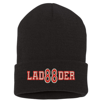 Custom embroidered cuffed Beanie.  The word Ladder is embroidered in silver thread with a red outline and your custom number/text up to 3 characters embroidered in red with silver outline. Color black.