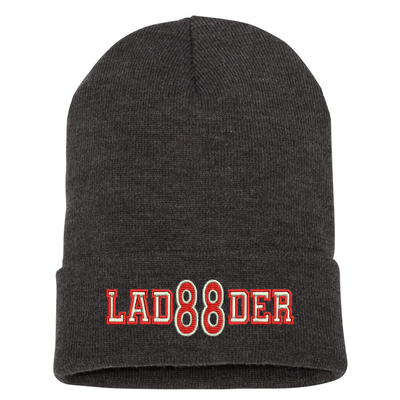 Custom embroidered cuffed Beanie.  The word Ladder is embroidered in silver thread with a red outline and your custom number/text up to 3 characters embroidered in red with silver outline. Color dark grey.