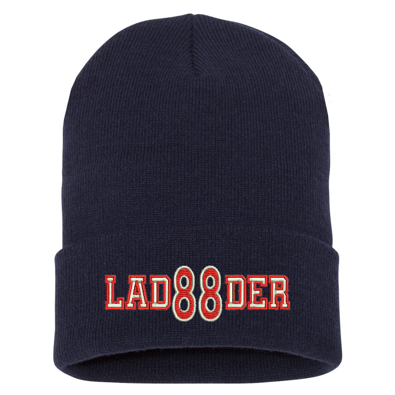 Custom embroidered cuffed Beanie.  The word Ladder is embroidered in silver thread with a red outline and your custom number/text up to 3 characters embroidered in red with silver outline. Color navy.