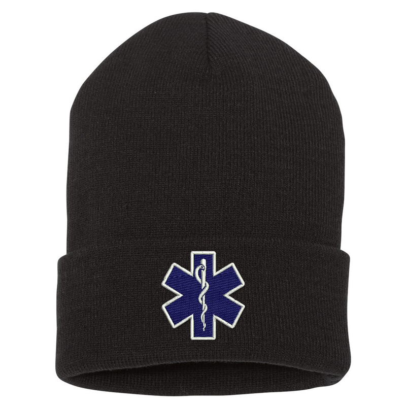 Star of Life embroidered cuffed Beanie. The Star of Life logo is embroidered in royal blue thread with a white outline. Color black.