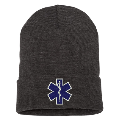 Star of Life embroidered cuffed Beanie. The Star of Life logo is embroidered in royal blue thread with a white outline. Color dark grey.