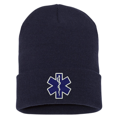 Star of Life embroidered cuffed Beanie. The Star of Life logo is embroidered in royal blue thread with a white outline. Color dark navy.