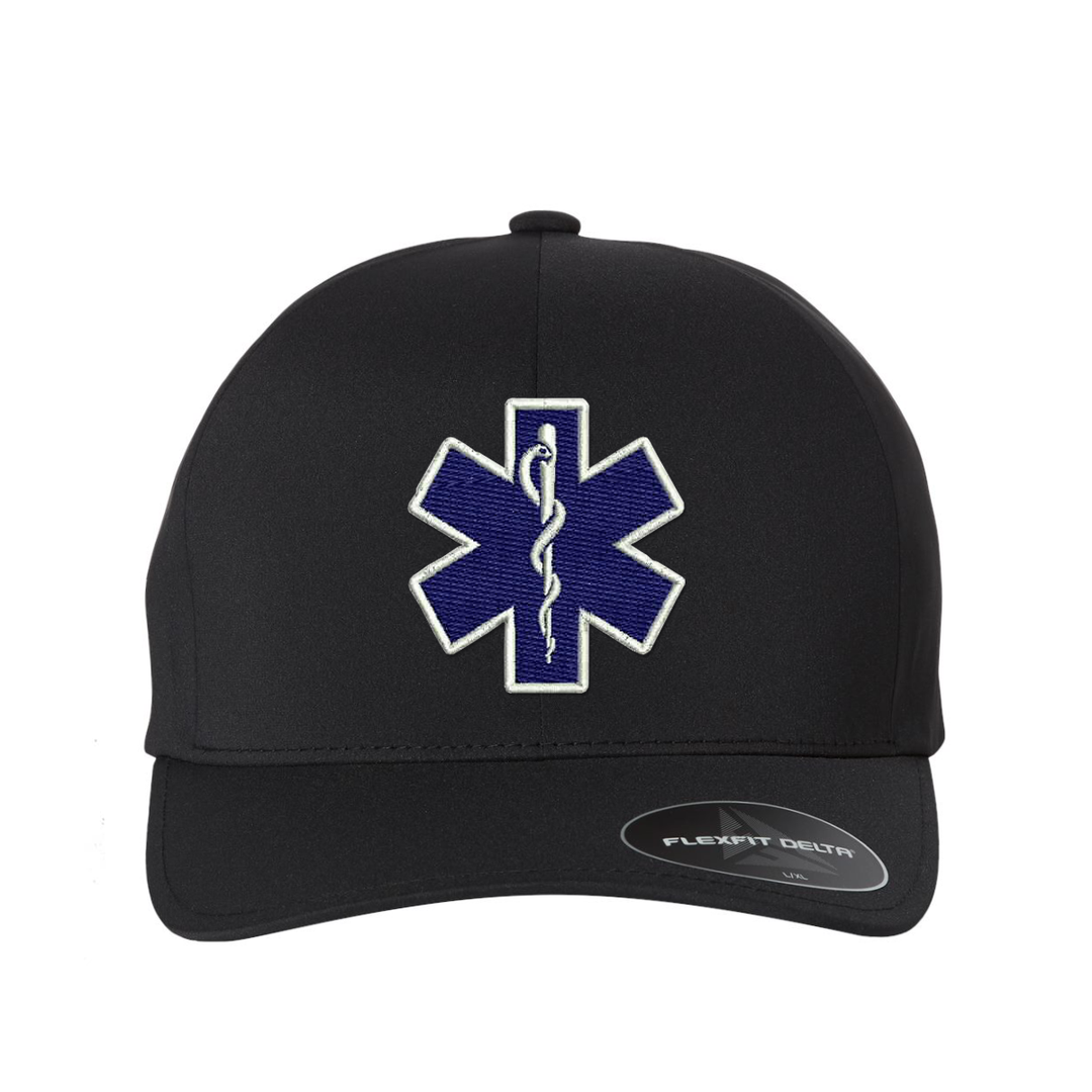 Embroidered Delta Flexfit  Star of Life logo hat.  The Star of Life logo is embroidered in royal blue thread with a white outline. Hat color black.