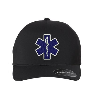 Embroidered Delta Flexfit  Star of Life logo hat.  The Star of Life logo is embroidered in royal blue thread with a white outline. Hat color black.