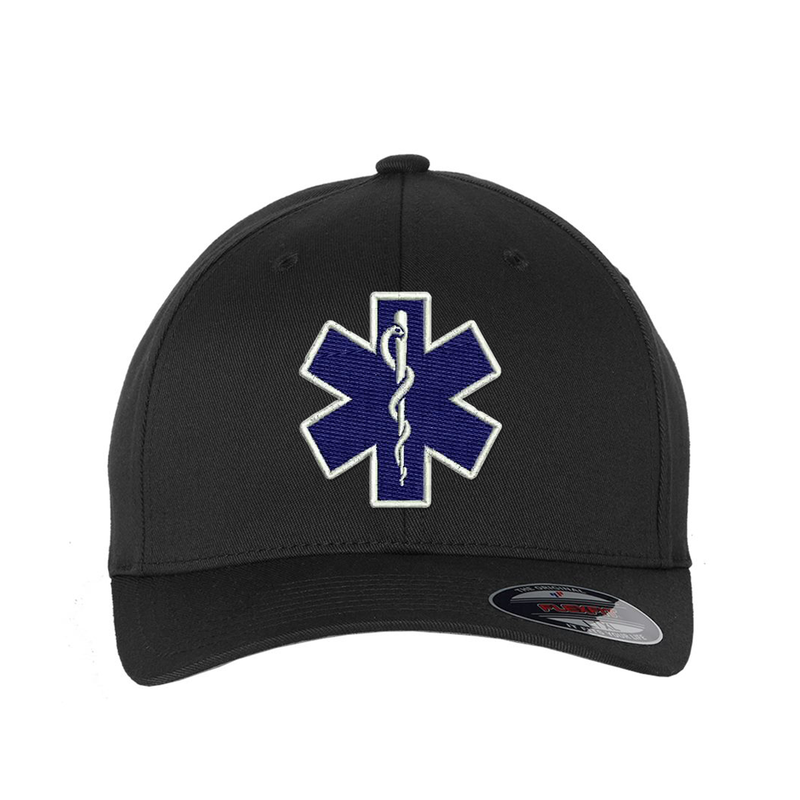 Embroidered  Flexfit  Star of Life logo hat.  The Star of Life logo is embroidered in royal blue thread with a white outline. Hat color black.