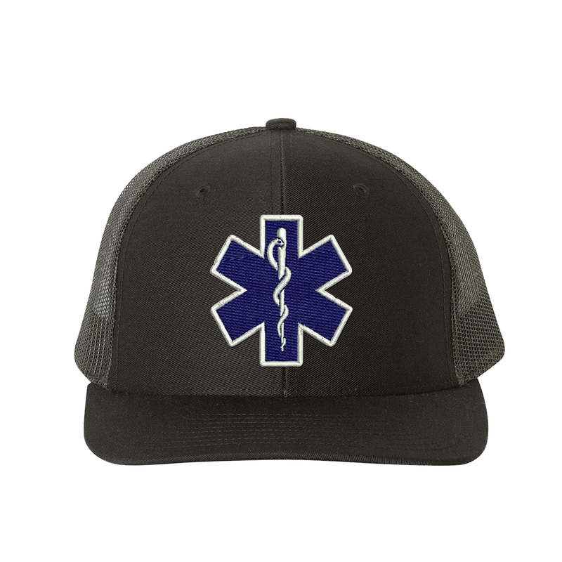 Embroidered  Richardson Trucker Star of Life logo hat.  The Star of Life logo is embroidered in royal blue thread with a white outline. Hat color black/black.