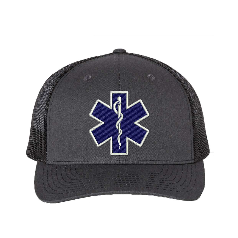 Embroidered  Richardson Trucker Star of Life logo hat.  The Star of Life logo is embroidered in royal blue thread with a white outline. Hat color charcoal/black.