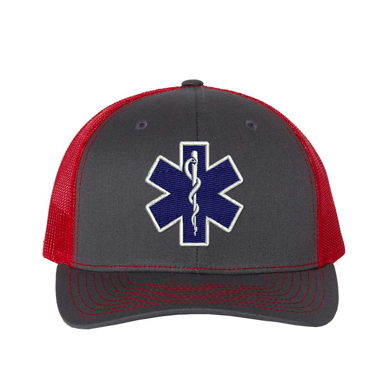 Embroidered  Richardson Trucker Star of Life logo hat.  The Star of Life logo is embroidered in royal blue thread with a white outline. Hat color charcoal/red.