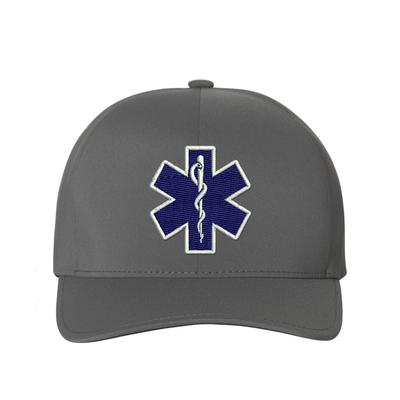 Embroidered Delta Flexfit  Star of Life logo hat.  The Star of Life logo is embroidered in royal blue thread with a white outline. Hat color grey.