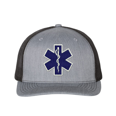 Embroidered  Richardson Trucker Star of Life logo hat.  The Star of Life logo is embroidered in royal blue thread with a white outline. Hat color grey/black.