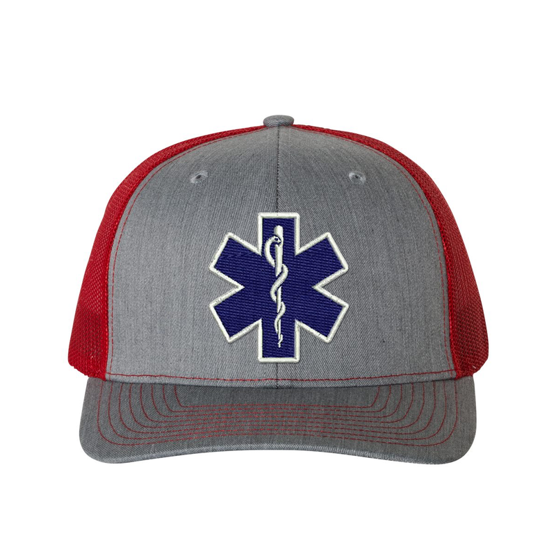 Embroidered  Richardson Trucker Star of Life logo hat.  The Star of Life logo is embroidered in royal blue thread with a white outline. Hat color grey/red.