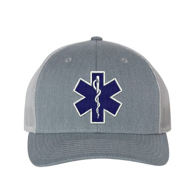 Embroidered  Richardson Trucker Star of Life logo hat.  The Star of Life logo is embroidered in royal blue thread with a white outline. Hat color heather grey/light grey.