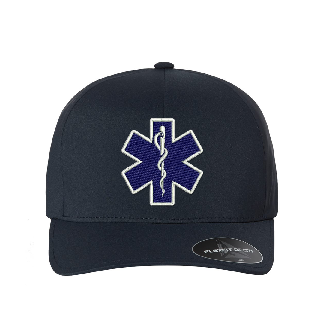 Embroidered Delta Flexfit  Star of Life logo hat.  The Star of Life logo is embroidered in royal blue thread with a white outline. Hat color navy.