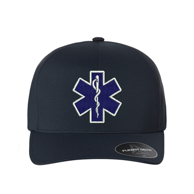 Embroidered Delta Flexfit  Star of Life logo hat.  The Star of Life logo is embroidered in royal blue thread with a white outline. Hat color navy.