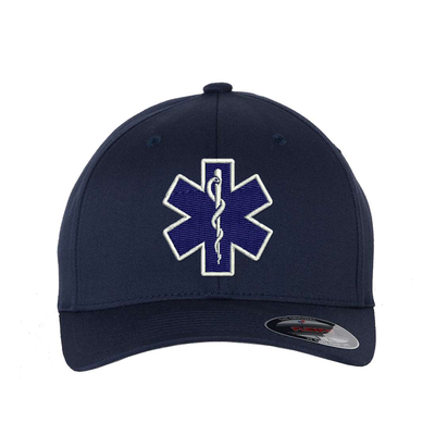 Embroidered  Flexfit  Star of Life logo hat.  The Star of Life logo is embroidered in royal blue thread with a white outline. Hat color navy.