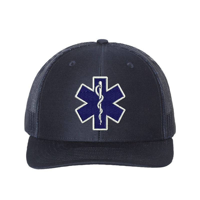 Embroidered  Richardson Trucker Star of Life logo hat.  The Star of Life logo is embroidered in royal blue thread with a white outline. Hat color navy/navy.