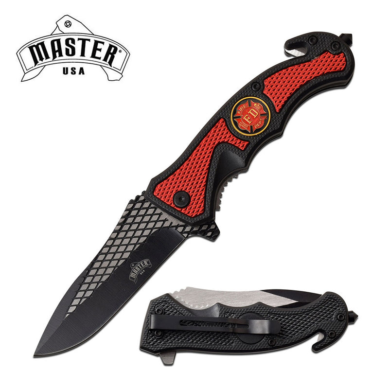 Master USA spring assisted red and black firefighter folding knife