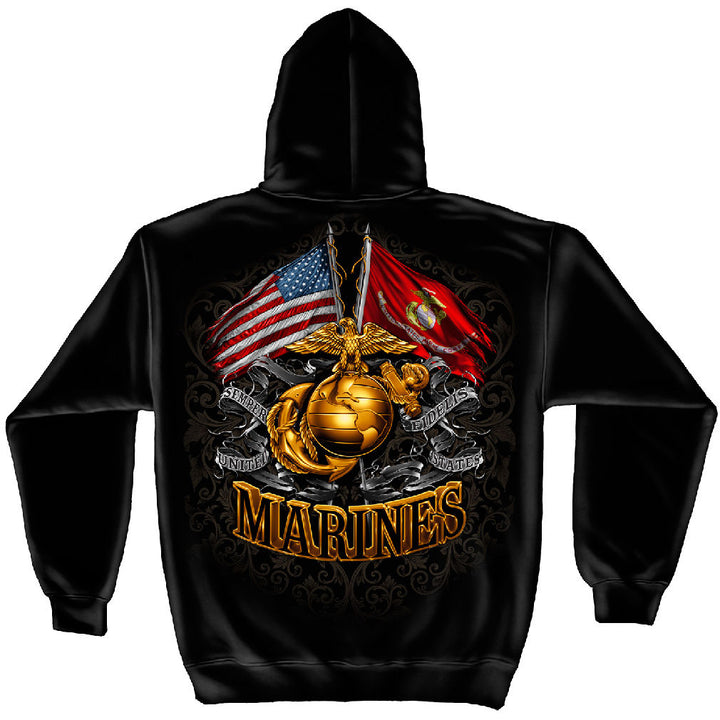 USMC Hooded Sweat Shirt Double Flag Gold Foil Sweatshirt