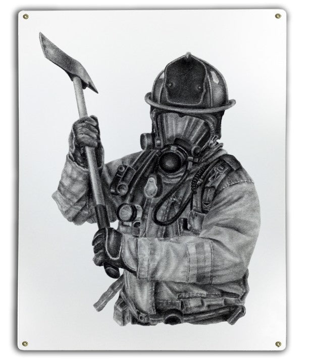 Black & White Firefighter Axe Metal Sign