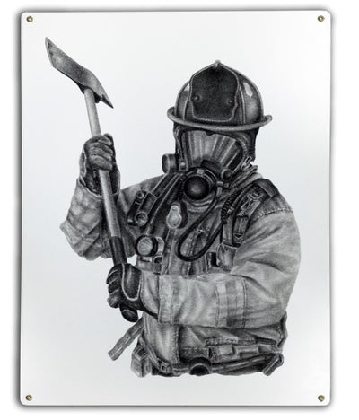 Black & White Firefighter Axe Metal Sign