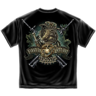 USMC First In Last Out Dog in Camo T-shirt