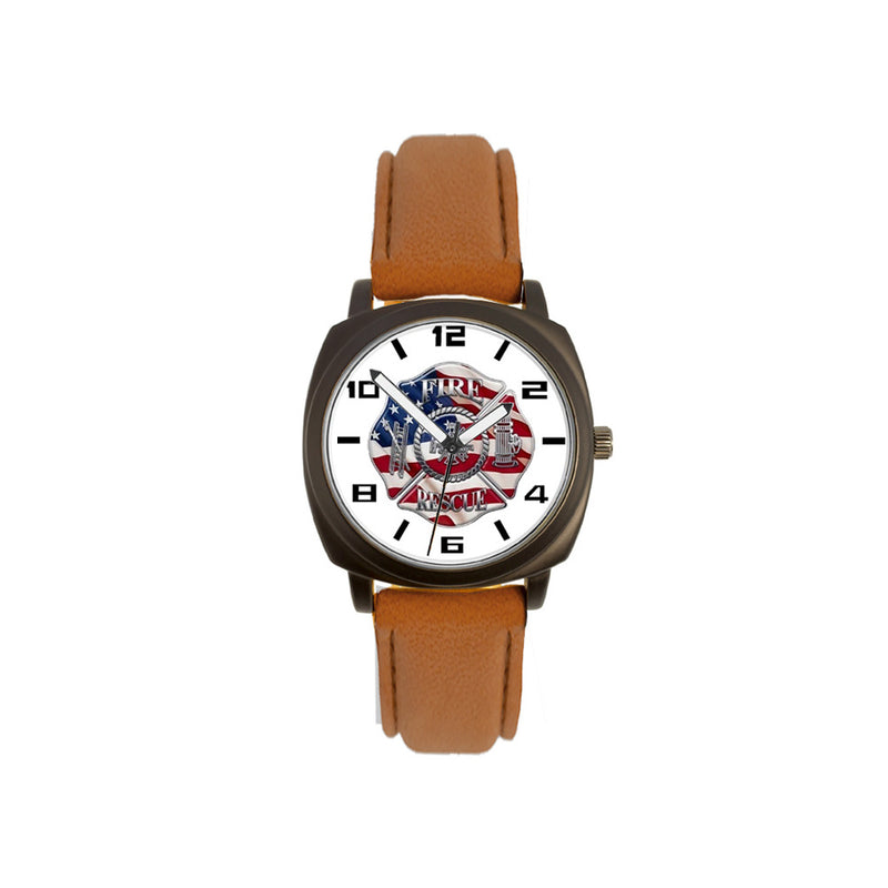 Fire Rescue Brown Leather Band Watch