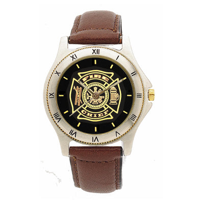 Fire Chief Black Face Medallion Leather Band Watch
