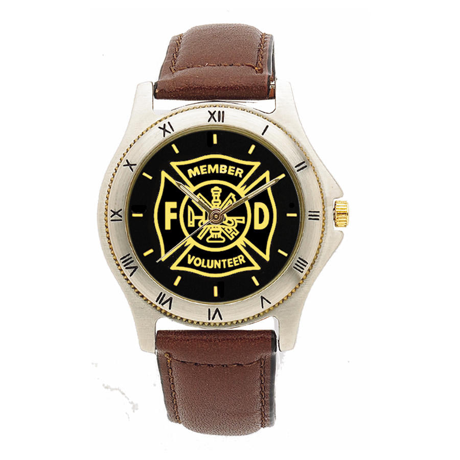 Volunteer Fire Dept Medallion Leather Band  Watch