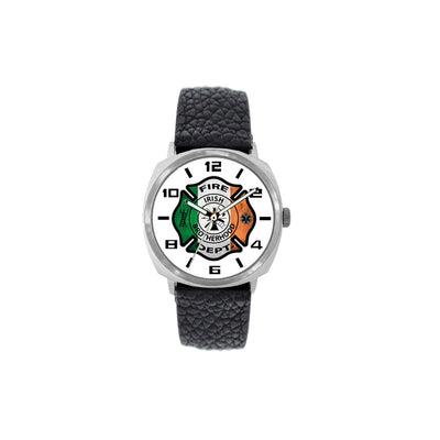 Irish Flag Large Face Fire Fighter Leather Band Watch