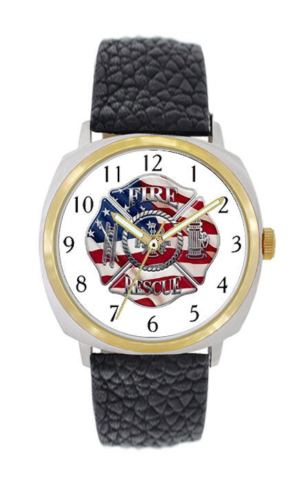 Fire Rescue Flag Large Face Leather Watch with Gold Accents