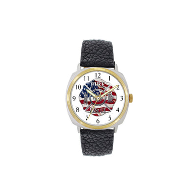 Fire Rescue Flag Large Face Leather Watch with Gold Accents