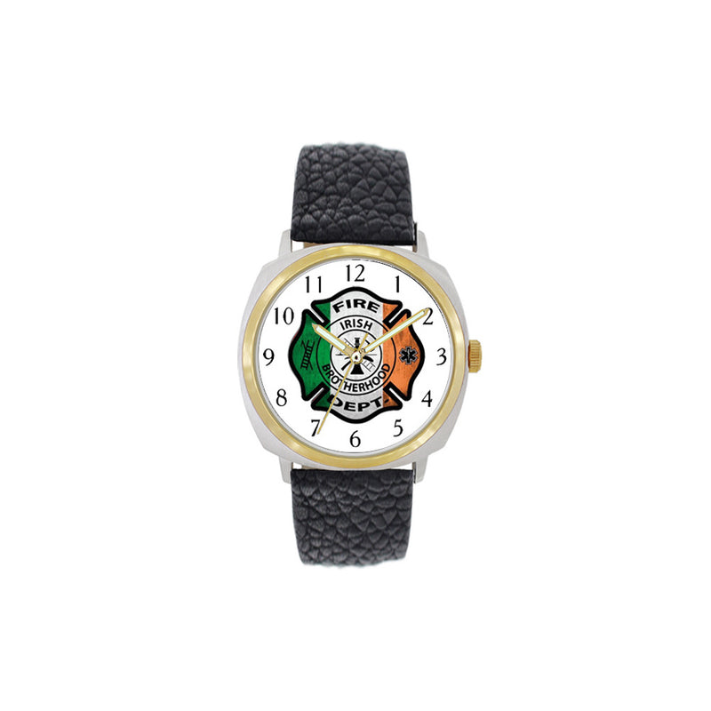 Irish Firefighter Large Face Leather Watch with Gold Accents