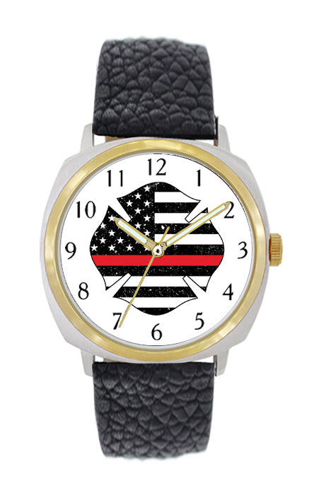 Thin Red Line Flag Large Face Leather Watch with Gold Accents