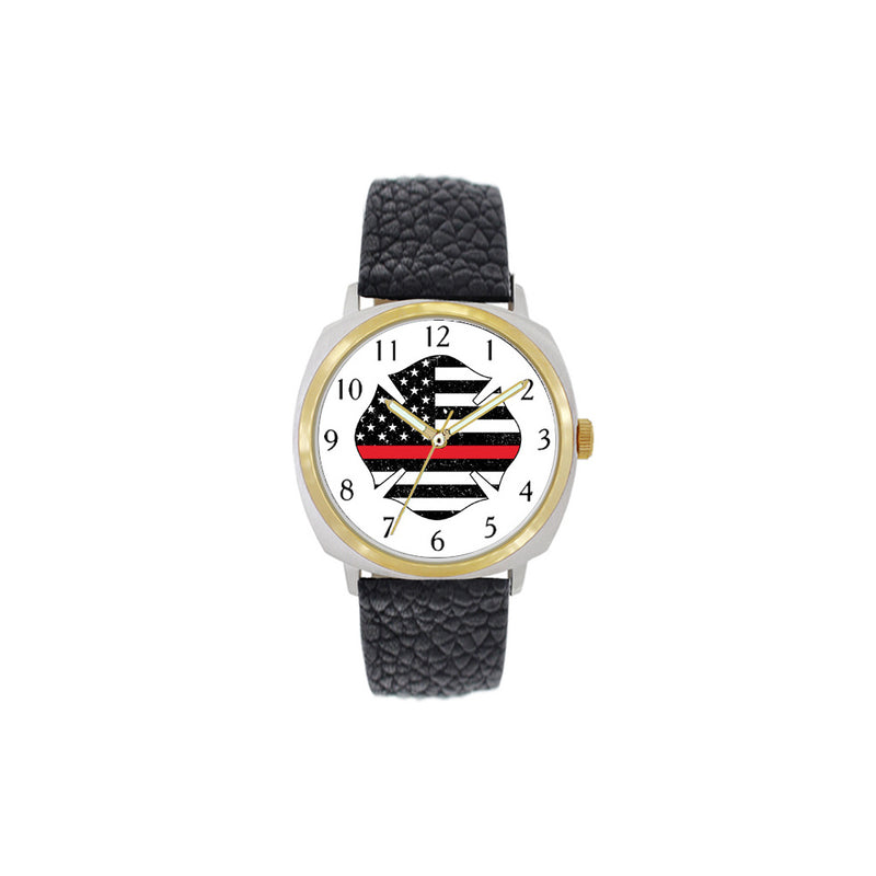Thin Red Line Flag Large Face Leather Watch with Gold Accents