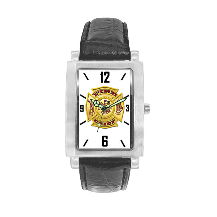 Fire Chief Black Leather Band Engravable Watch