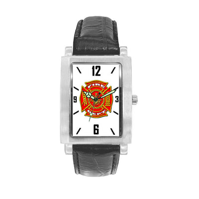 Fire Dept Black Leather Band Engravable Watch
