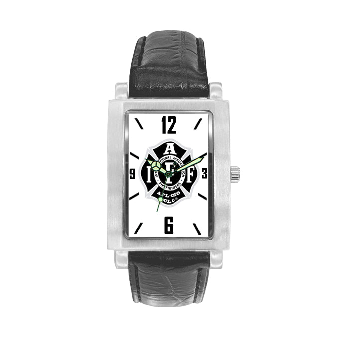 IAFF Silver Black Engravable Watch with Black Leather Band