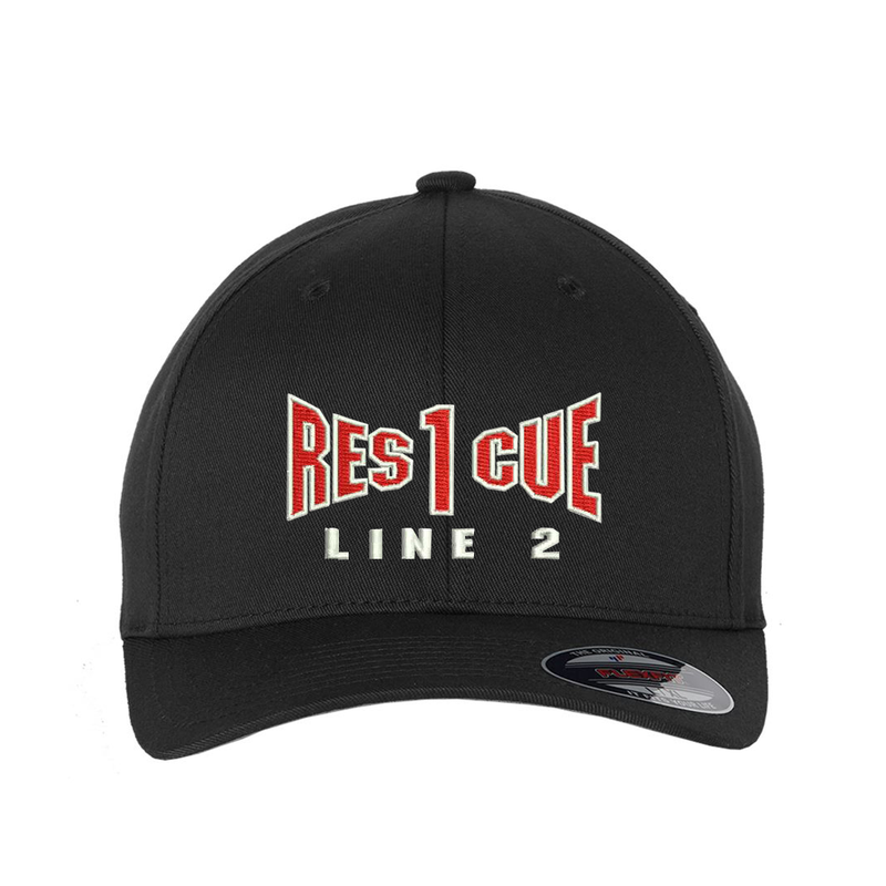 Rescue company personalized Flexfit hat . Add your truck number to the cap.  Embroidered text, Rescue, and the option of a second line below the main text.   Hat color black.